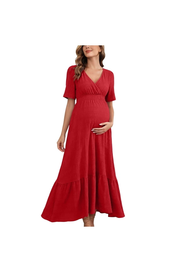 Maternity Maxi Dress Short Sleeve Ruffled Summer Maternity Wear