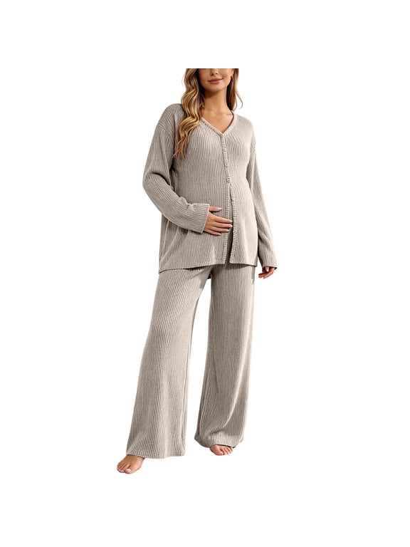 Maternity Ribbed Knit Sets for Women,V‑Neck Button Down Top Wide Leg Pants Pregnancy Loungewear 2 Piece Outfits