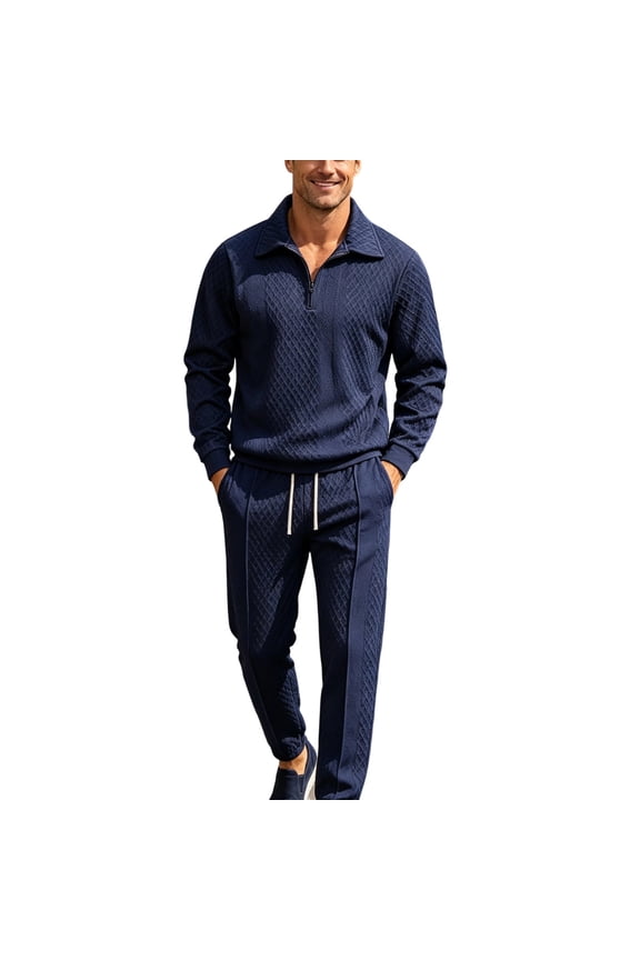 Men's 2 Piece Diamond Jacquard Tracksuit Quarter Zip Collared Sweatshirt Jogger Pants Drawstring Elastic Ankle Cuff Loose Smart Casual Street Matching Sweatsuit Set