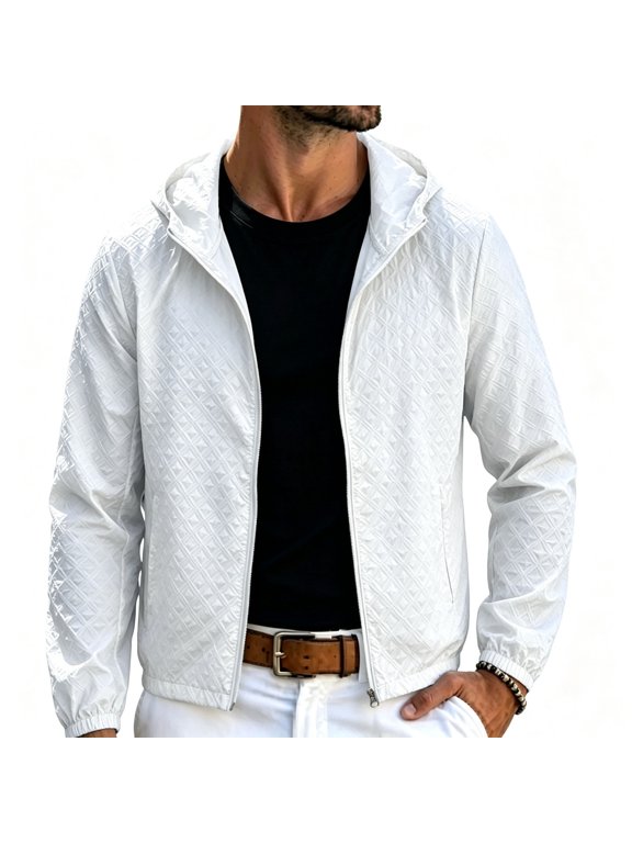 Men's Bubble Textured Hooded Sun Protection Jacket Full Zip Elastic Cuff Lightweight Breathable Summer Wind Skin Coat Quick Dry Travel Outerwear