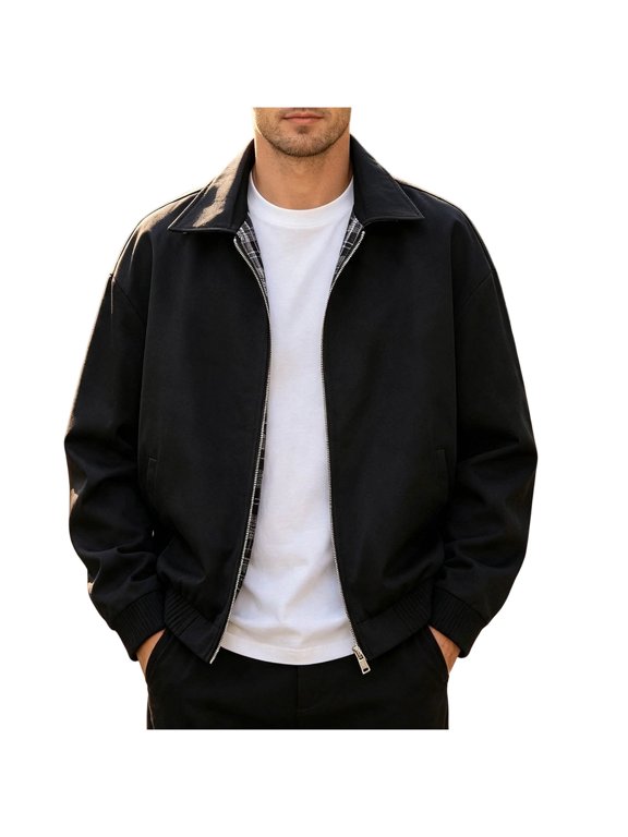 Men's Collared Bomber Jackets, Full‑Zip Casual Lightweight Outerwear with Side Pockets