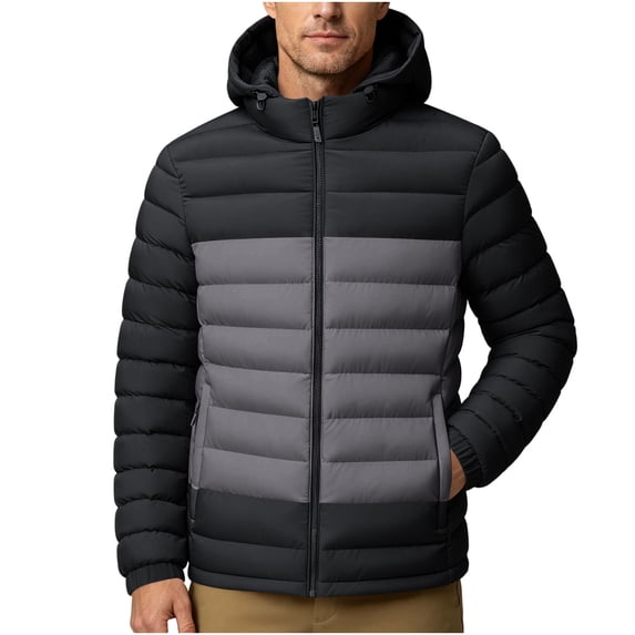 Iyufng Men's Color Block Hooded Puffer Jackets Horizontal Quilted Zip Up Winter Windproof Coat with Side Pockets and Elastic Cuffs