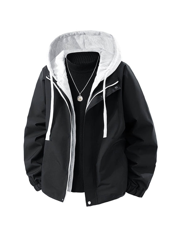 Men's Color Block Hooded Windbreaker Jackets with Contrast Drawstring Zip Up Long Sleeve Casual Outerwear