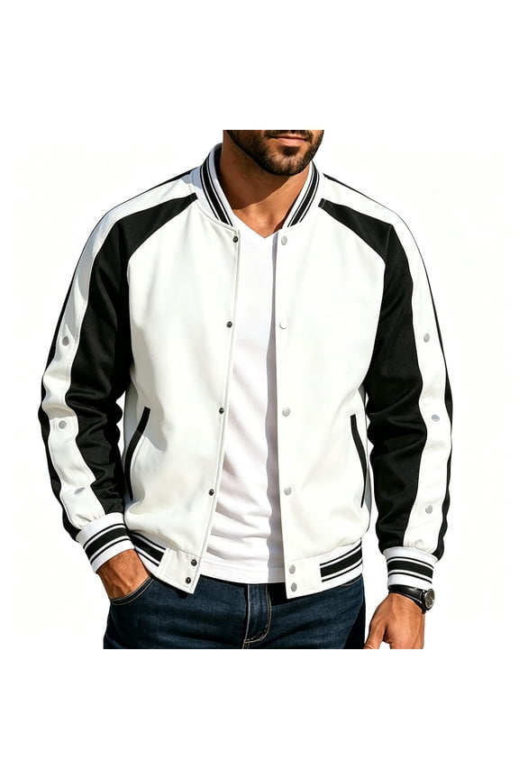 Men's Color Block Varsity Jacket Snap Button Striped Rib Collar Cuff Casual Baseball Coat Lightweight Everyday Wear
