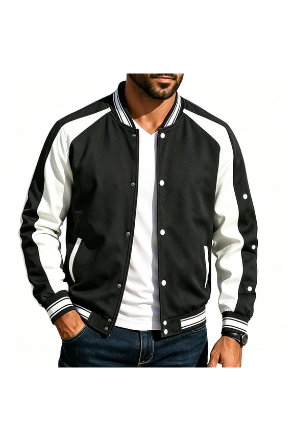 Men's Color Block Varsity Jacket Snap Button Striped Rib Collar Cuff Casual Baseball Coat Lightweight Everyday Wear