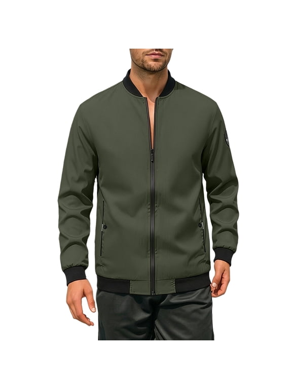 Men's Contrast Rib Collar Zip Up Bomber Jackets Lightweight Zipper Pocket Casual Baseball Outer Coat Windbreaker