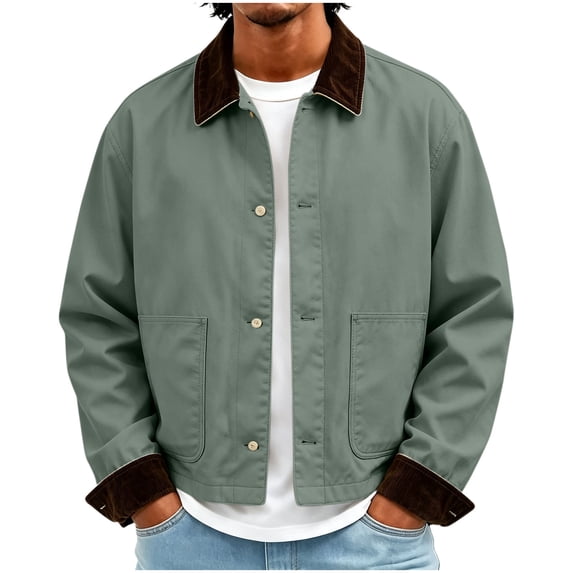 Iyufng Men's Cropped Collared Work Jackets with Patch Pockets Button Down Long Sleeve Casual Vintage Outerwear