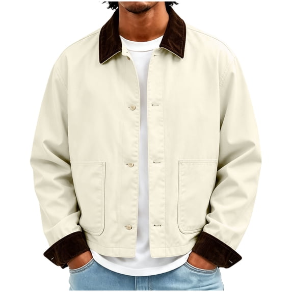 Iyufng Men's Cropped Collared Work Jackets with Patch Pockets Button Down Long Sleeve Casual Vintage Outerwear