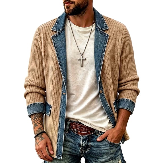 Iyufng Men's Denim Patchwork Knit Jackets, Open Front Ribbed Long Sleeve Outdoor Business Casual Outerwear