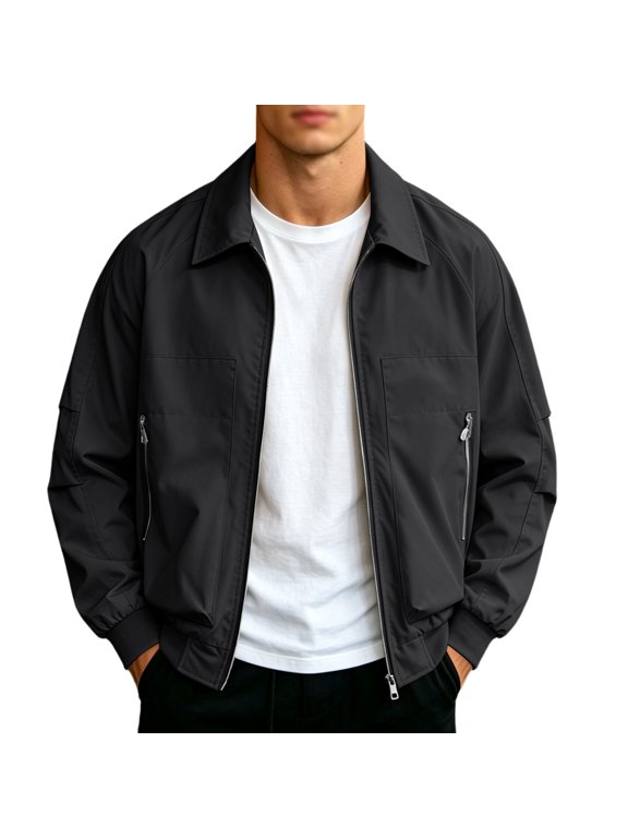 Men's Full Zip Lightweight Jackets, Collared Long Sleeve Ribbed Cuffs Casual Outerwear with Zipper Side Pockets