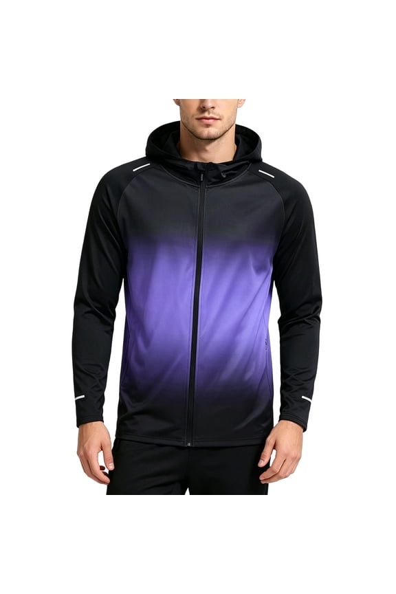Men's Gradient Print Reflective Strip Hooded Running Jacket Full Zip Raglan Sleeve Quick Dry Breathable Athletic Wind Coat Moisture Wick