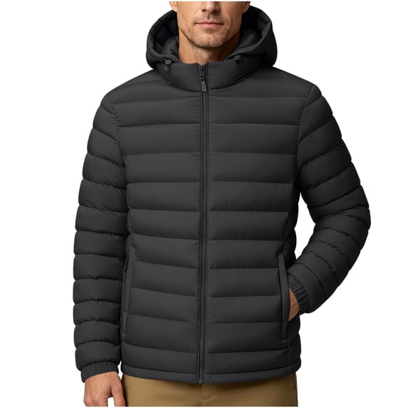 Iyufng Men's Hooded Puffer Jackets Horizontal Quilted Zip Up Winter Windproof Coat with Side Pockets and Elastic Cuffs