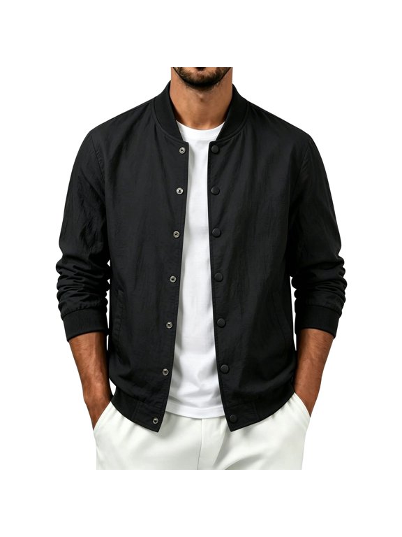 Men's Lightweight Snap Button Baseball Jackets with Side Pockets Stand Collar Long Sleeve Linen Casual Outerwear