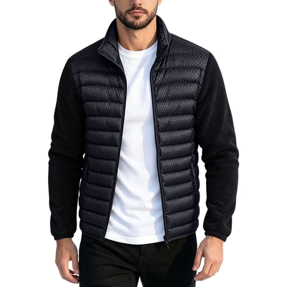 Iyufng Men's Mock Neck Spliced Puffer Jackets Detachable Hood Long Sleeves Zip Up Outerwear