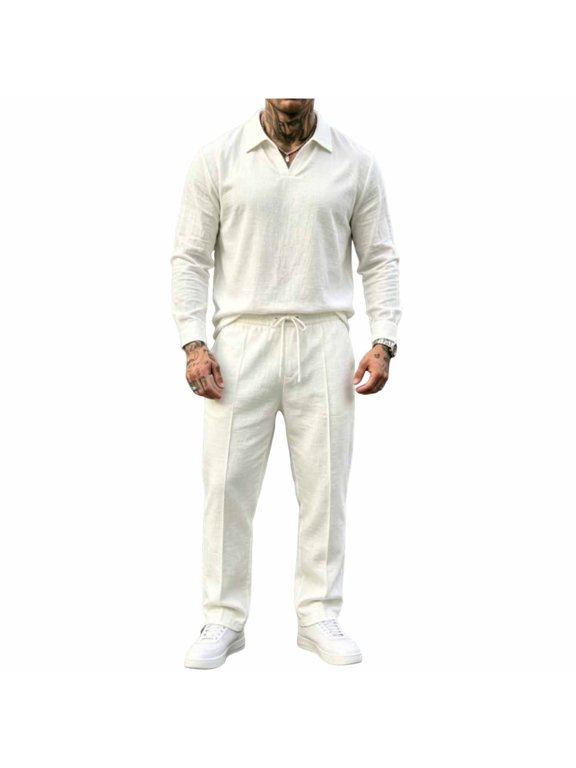 Men's Outfits 2 Piece Light Linen Long Sleeve Top with Cuffed Straight Pants Set Drawstring Waist Side Pockets Daily Vacation Loungewear Suit
