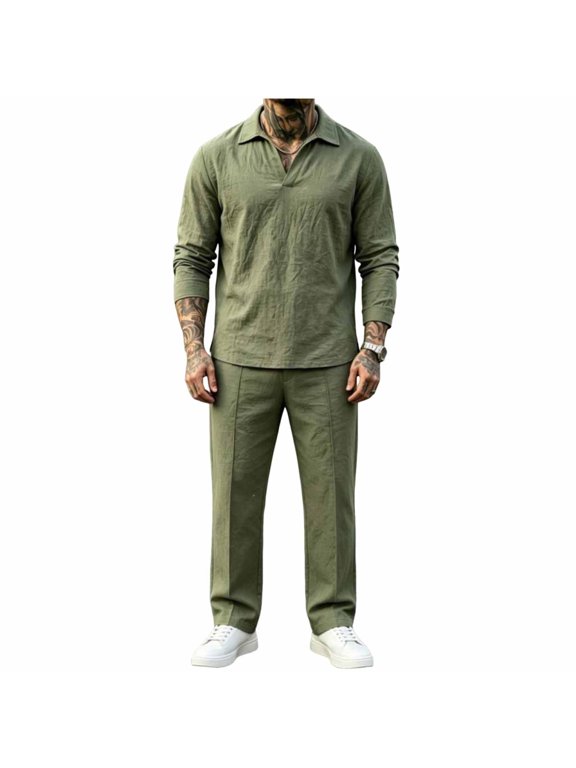 Men's Outfits 2 Piece Light Linen Long Sleeve Top with Cuffed Straight Pants Set Drawstring Waist Side Pockets Daily Vacation Loungewear Suit