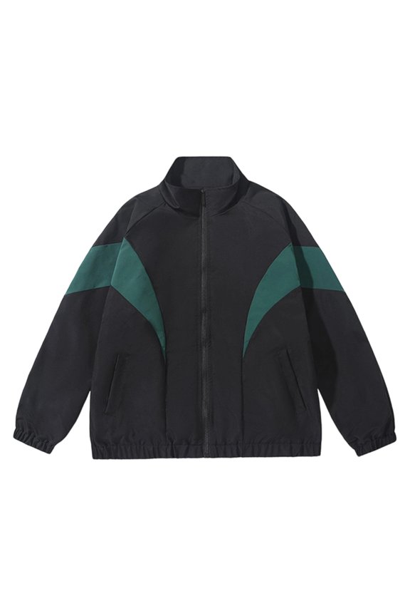 Men's Stand Collar Geometric Color Block Track Jacket Full Zip Rib Cuff Vintage Lightweight Windproof Athletic Coat
