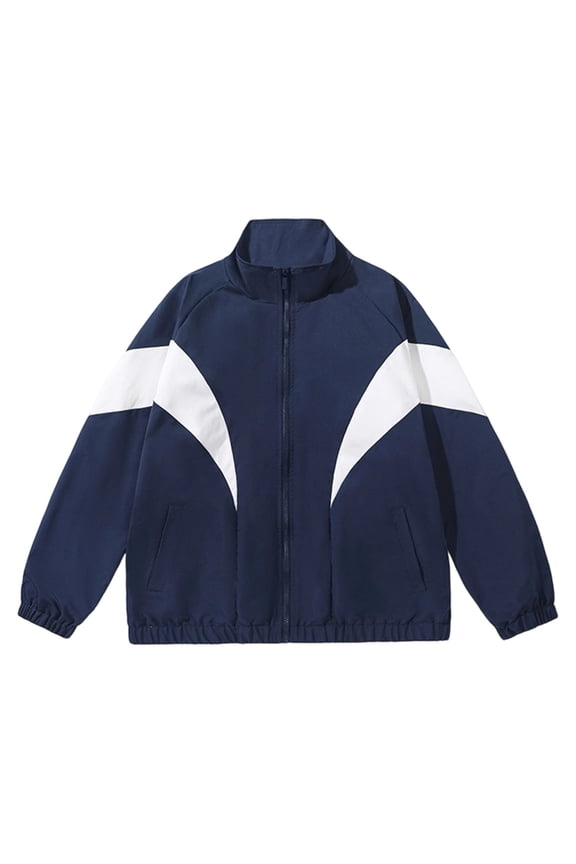 Men's Stand Collar Geometric Color Block Track Jacket Full Zip Rib Cuff Vintage Lightweight Windproof Athletic Coat