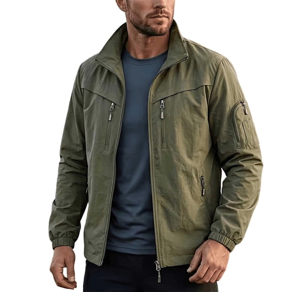 Iyufng Men's Stand Collar Windbreaker Full Zip Multi Zipper Pocket Lightweight Outdoor Hiking Jacket Utility Field Outerwear
