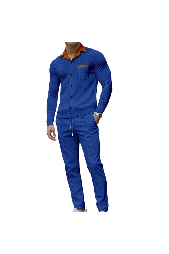 Mens 2 Piece Outfits Textured Contrast Collared Button Long Sleeve Top & Straight Trousers Set Elastic Drawstring Waist Slim Fit Daily Smart Loungewear Suit