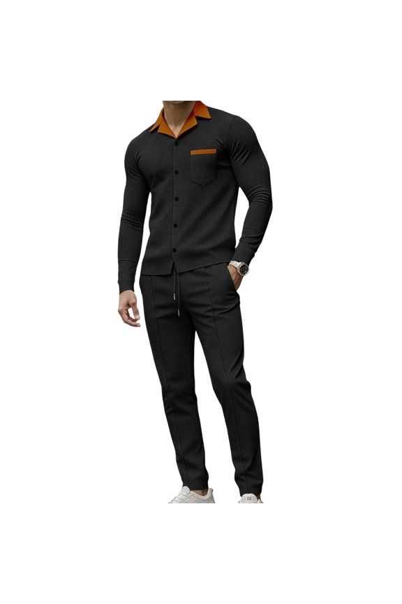 Mens 2 Piece Outfits Textured Contrast Collared Button Long Sleeve Top & Straight Trousers Set Elastic Drawstring Waist Slim Fit Daily Smart Loungewear Suit