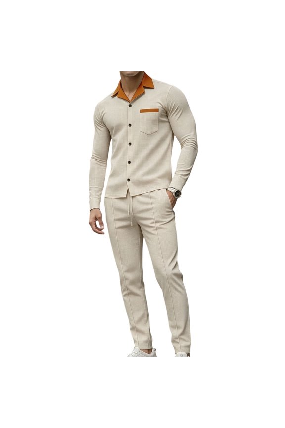 Mens 2 Piece Outfits Textured Contrast Collared Button Long Sleeve Top & Straight Trousers Set Elastic Drawstring Waist Slim Fit Daily Smart Loungewear Suit