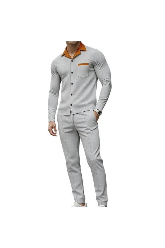 Mens 2 Piece Outfits Textured Contrast Collared Button Long Sleeve Top & Straight Trousers Set Elastic Drawstring Waist Slim Fit Daily Smart Loungewear Suit