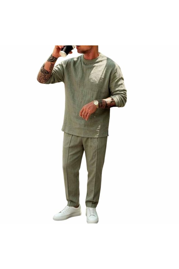 Mens 2 Piece Outfits Textured Crew Neck Top & Straight Sweatpants Set Elastic Waist Loose Daily Smart Loungewear Suit