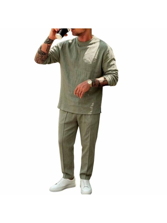 Mens 2 Piece Outfits Textured Crew Neck Top & Straight Sweatpants Set Elastic Waist Loose Daily Smart Loungewear Suit