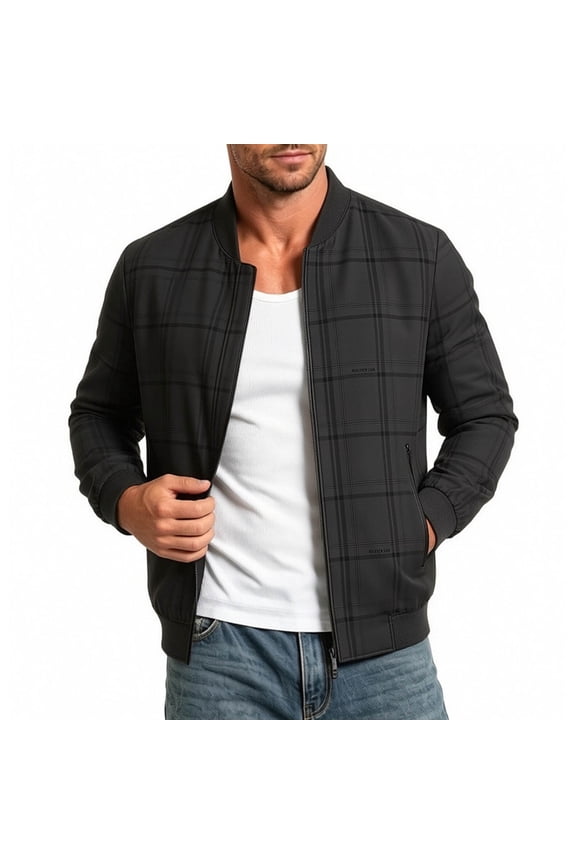 Mens Classic Checkered Pattern Bomber Jacket Zip Up Rib Cuff Collar Long Sleeve Daily Casual Outerwear