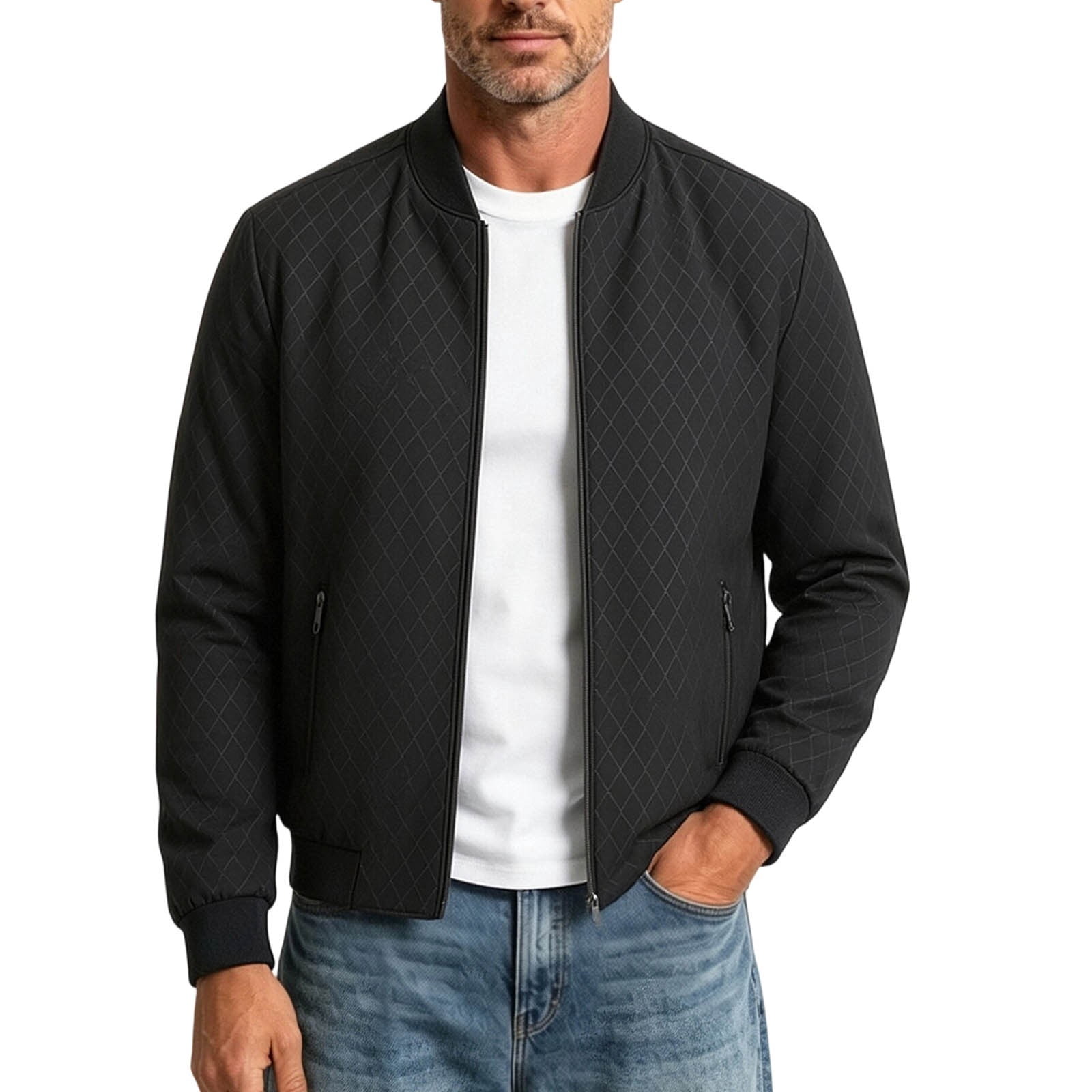 Iyufng Mens Classic Diamond Pattern Bomber Jacket Zip Up Rib Cuff Collar Long Sleeve Daily Casual Outerwear