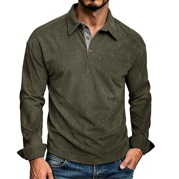 Iyufng Mens Corduroy Long Sleeve Henley Shirts Three Button Half Placket Chest Pocket Relaxed Fit Daily Casual Long Sleeve Pullover Top