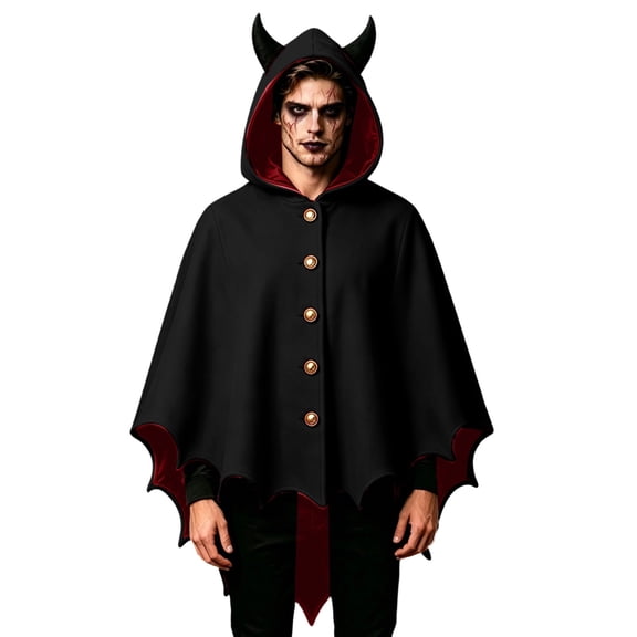 Iyufng Mens Devil Horn Bat Hem Short Cape Gold Button Front Cloak Gothic Demon Vampire Halloween Cosplay Poncho
