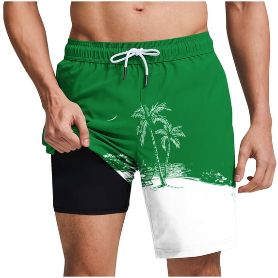 Iyufng Mens Double Layer Lining Shorts Summer Fashion Printed Beach Shorts with Pockets , Elastic Waistband, Drawstring