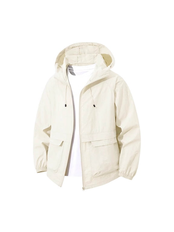Mens Lightweight Drawstring Hooded Windbreaker Loose Fit Multi Cargo Pocket Casual Outdoor Jacket Elastic Cuffs