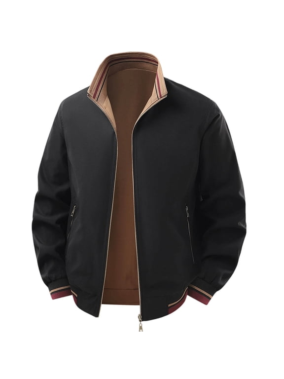 Mens Mock Neck Baseball Jackets, Full Zip Windproof Lightweight Outerwear with Zipper Pockets and Ribbed Cuffs & Hem