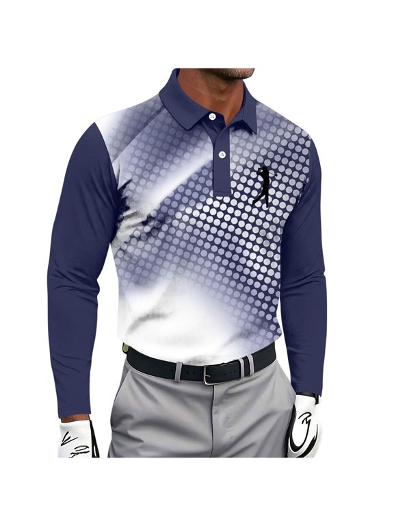 Mens Quick Dry Long Sleeve Golf Shirts Gradient Polka Dot Print Collared Athletic Pullover Top for Golf Training and Daily Sports