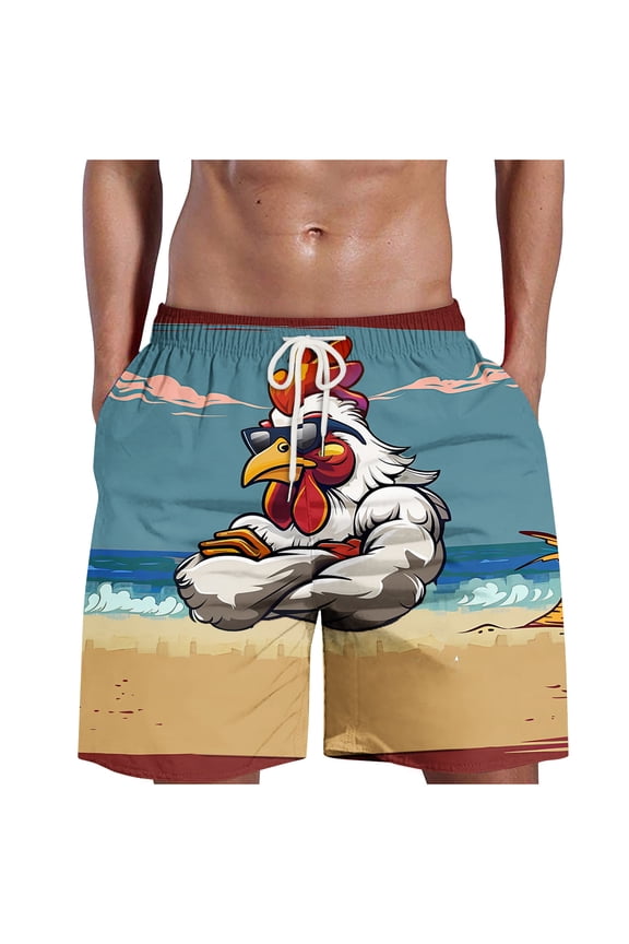 Mens Shorts with Pockets Men's Shorts Drawstring,Men's Flame Printing Special Rooster Print Beach Casual Trouser Shorts Pant