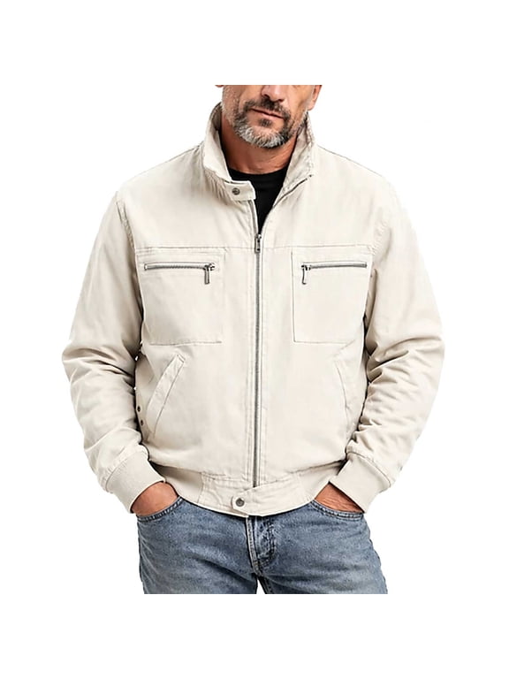 Mens Stand Collar Canvas Work Jacket Full Zip Multi Zipper Chest Pocket Vintage Trucker Casual Coat
