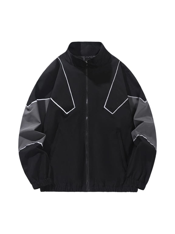 Mens Stand Collar Reflective Line Color Block Track Jacket Full Zip Rib Cuff Vintage Street Windproof Athletic Coat