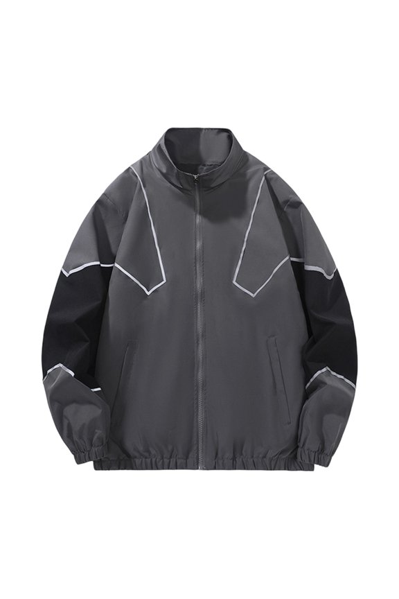Mens Stand Collar Reflective Line Color Block Track Jacket Full Zip Rib Cuff Vintage Street Windproof Athletic Coat