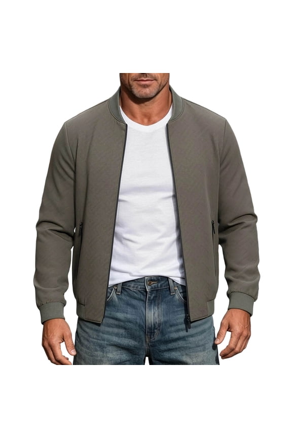 Mens Subtle Diamond Jacquard Bomber Jackets Zip Up Rib Collar Zipper Pocket Casual Baseball Coat