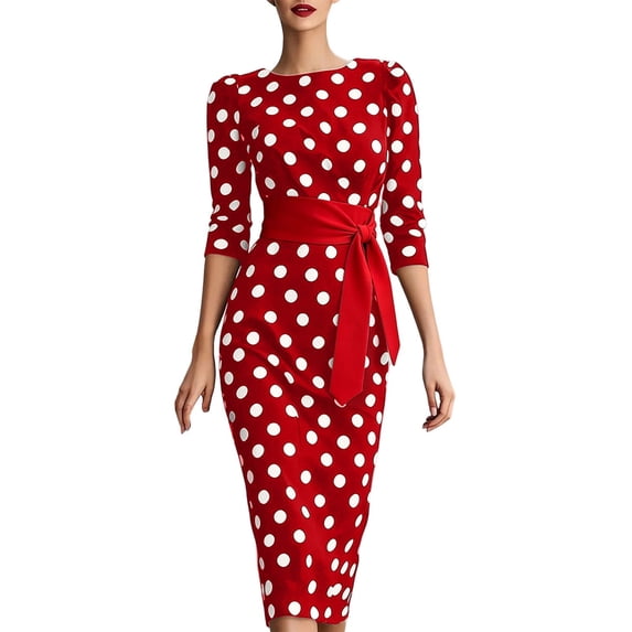 Iyufng Midi Retro Polka Dot Dresses for Women Fitted Long Sleeve Round Neck Dress