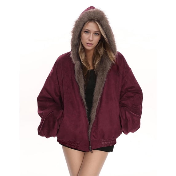 Iyufng Oversized Faux Fur Lined Hooded Jackets for Women Reversible Long Sleeve Zip Up Cropped Winter Coat with Pockets