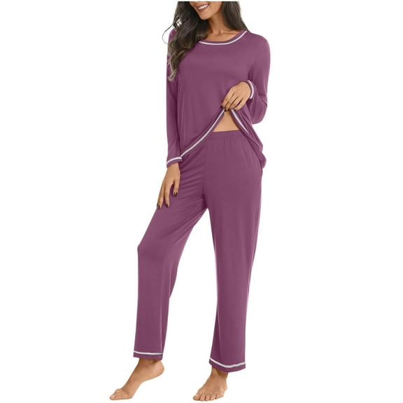 Iyufng Pajama Sets Loungewear for Women Fashion Casual Solid Round Neck Long Sleeve Top and Long Pant Homewear Sets,Sleepwear Sets,S-XXL