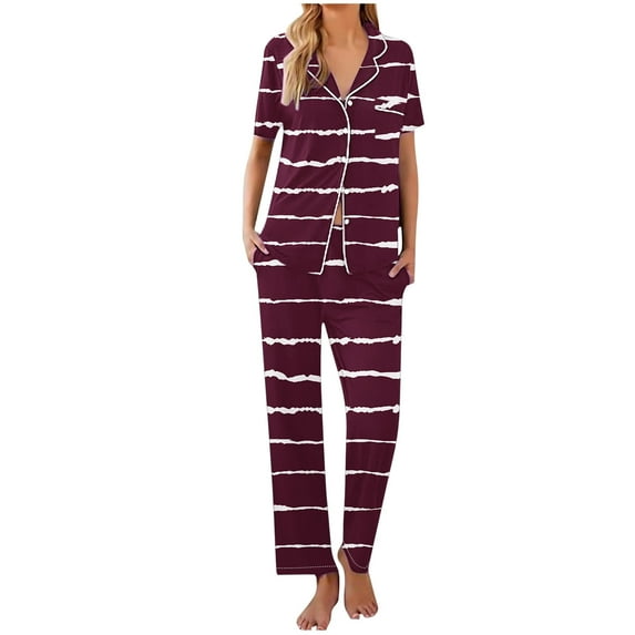 Iyufng Pajama Sets Loungewear for Women Fashion Stripe Printed Thin Short Sleeved Top Long Pants Lapel Homewear Sets,Sleepwear Sets Homewear,S-XXL