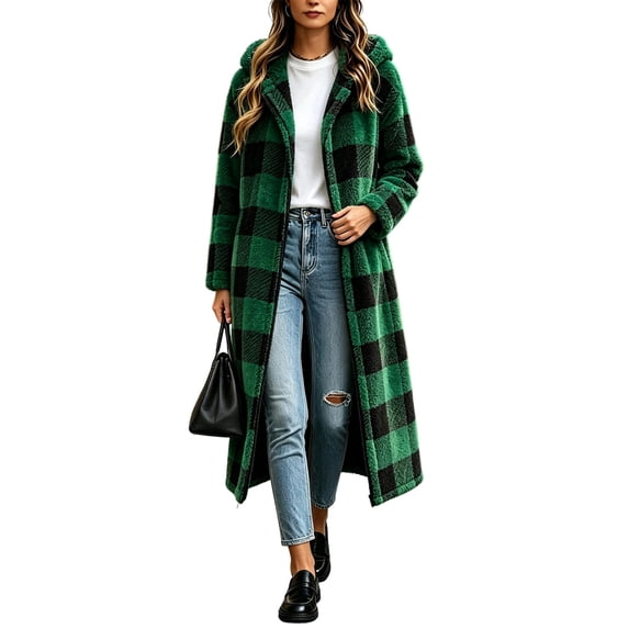 Iyufng Plaid Fuzzy Fleece Long Hooded Coats for Women Full Zip Long Sleeve Casual Warm Winter Outerwear with Side Pockets