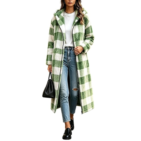 Iyufng Plaid Fuzzy Fleece Long Hooded Coats for Women Full Zip Long Sleeve Casual Warm Winter Outerwear with Side Pockets