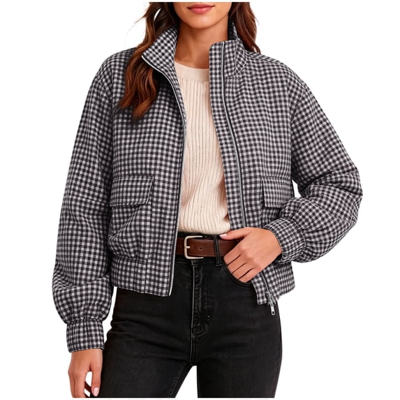 Iyufng Plaid Mock Neck Zip Up Jackets for Women with Side Pockets Long Sleeve Casual Outerwear