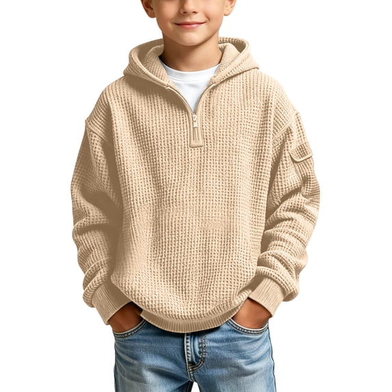 Iyufng Quarter Zip Hoodies for Boys Waffle Texture Ribbed Cuff & Hem Relaxed Fit Daily School Long Sleeve Pullover Sweatshirt